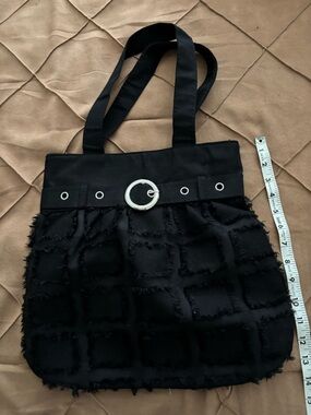 Black Frayed Grid Tote Bag with Silver Ring Accent